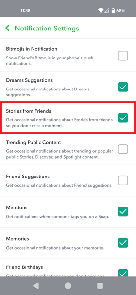 Enabling notifications for "Stories from Friends" in Snapchat app on Android.