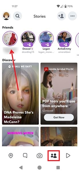 Viewing friend's Story in People tab in Snapchat app. 