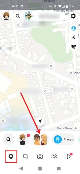 Tapping bitmoji avatar in Snapchat map in Android app. 