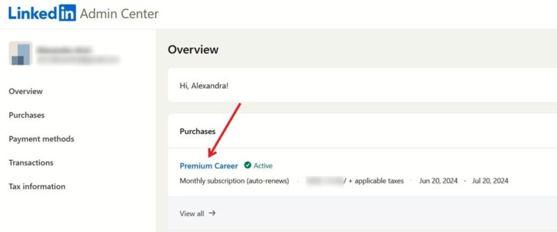 Clicking "Premium Career" in LinkedIn Admin Center on PC.