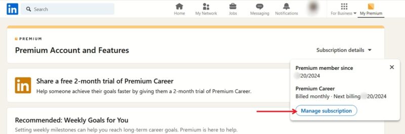 Selecting the "Manage subscription" button in LinkedIn on PC.