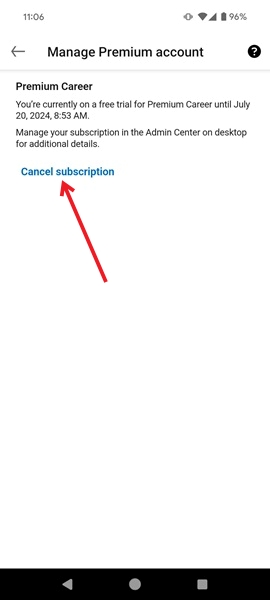 Pressing "Cancel subscription" button in LinkedIn mobile app. 
