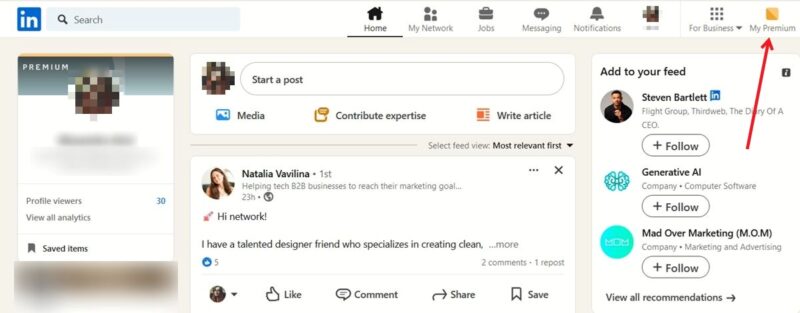 Clicking on "My Premium" option in LinkedIn on PC.