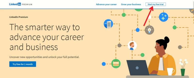 Clicking on "Start my free trial" button in LinkedIn on PC.