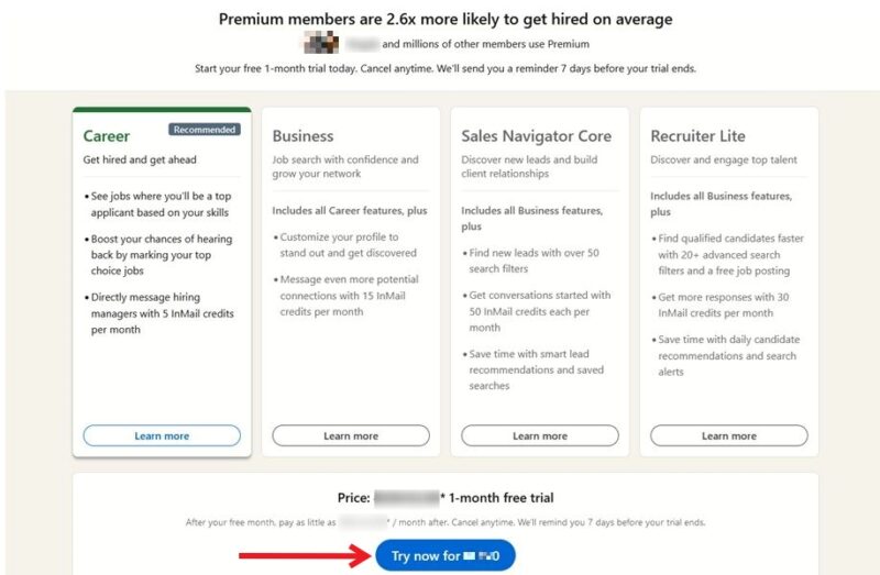 Selecting a LinkedIn Premium tier in LinkedIn on PC.