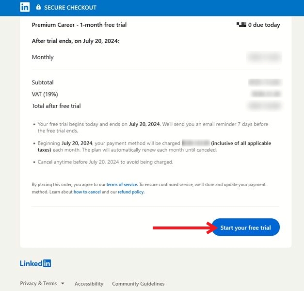Clicking on "Start your free trial" button in LinkedIn on PC.