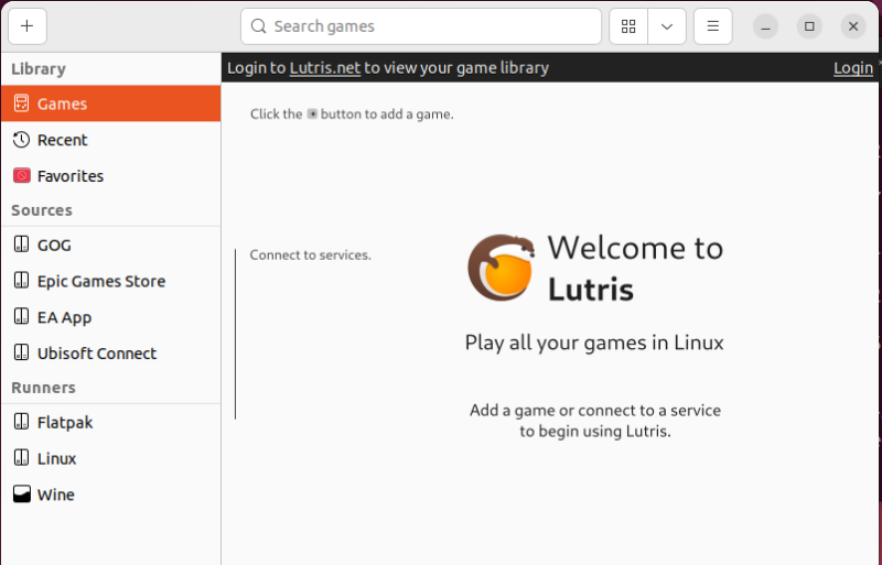 Lutris Welcome Screen