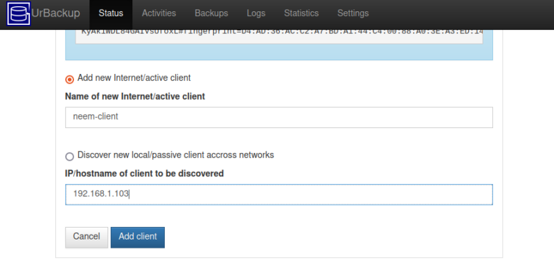 add new Client's name and IP address and press Add client button.