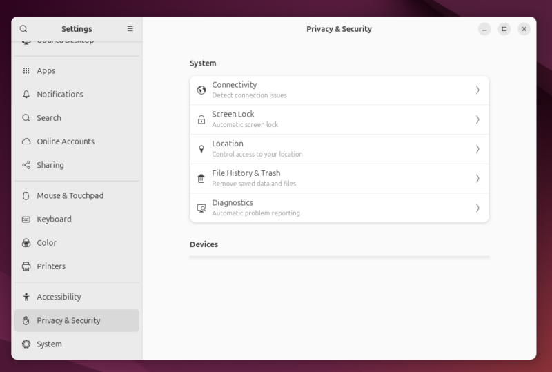 Privacy And Securtiy Menu In Ubuntu