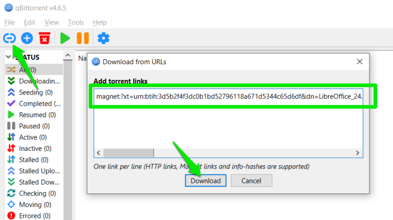 Adding a magnet link in qBittorrent