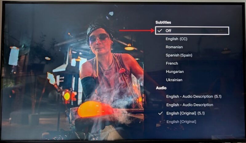 Turning off subtitles in Netflix on Samsung TV.