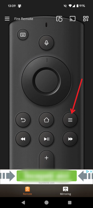 Pressing Menu button in Remote for Fire TV & FireStick app on Android.