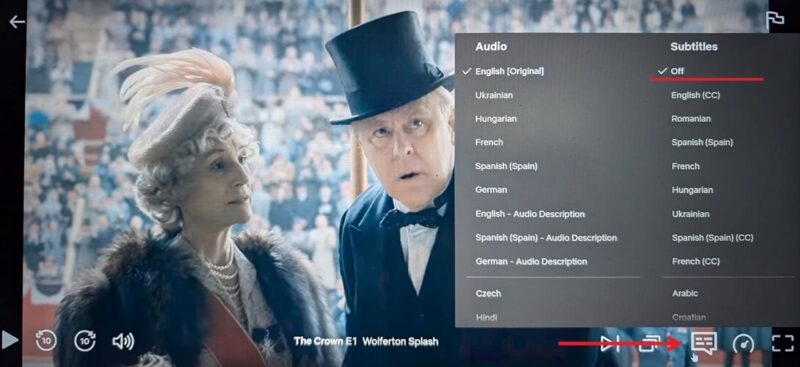 Turning off subtitles in Netflix in a web browser.