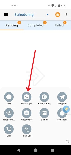 Selecting WhatsApp to schedule new message via Auto Text app on Android.