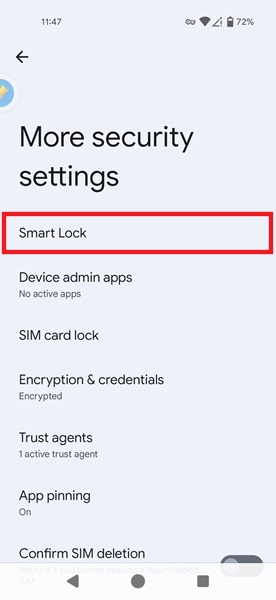 Tapping on Smart Lock in Android Settings to enable phone unlocking when in a safe place.