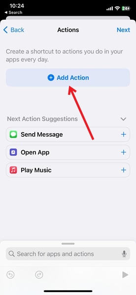 Pressing "Add Action" button in Shortcuts app on iPhone.