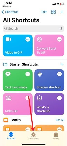 Switching to Automation tab in Shortcuts app on iPhone.