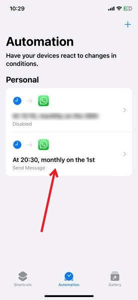 New scheduled WhatsApp message automation visible in Shortcuts app on iPhone.