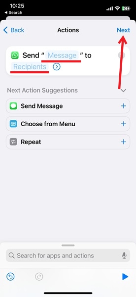Adding Message and Recipients for scheduled WhatsApp message in Shortcuts app on iPhone.