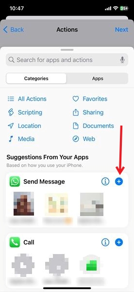 Pressing "+" button under Suggestions in Shortcuts app on iPhone.