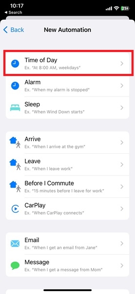 Selecting "Time of Day" when creating an automation in Shortcuts app on iPhone.