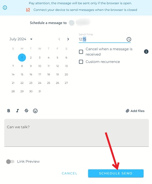 Adding scheduling details for message in WhatsApp Web with Bluesticks extension installed.