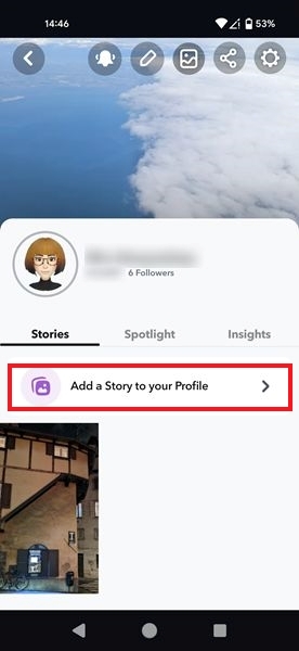 Tapping the "Add a Story to your Profile" button to add a public Story on Snapchat app.
