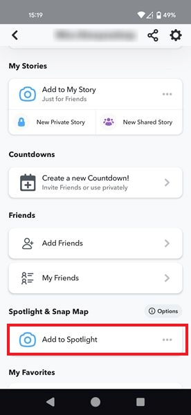 Tapping on "Add to Spotlight" option in Snapchat app.