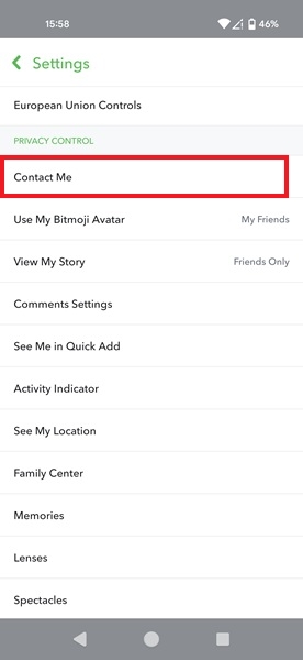 Modifying "Contact Me" privacy settings in Snapchat app settings.