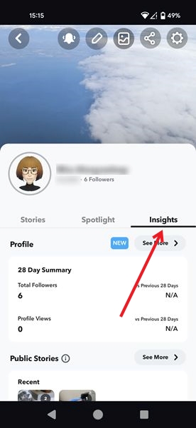Switching to Insights tab in your Snapchat Private Profile.