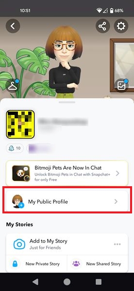 Tapping on the "My Public Profile" option in Snapchat mobile app.