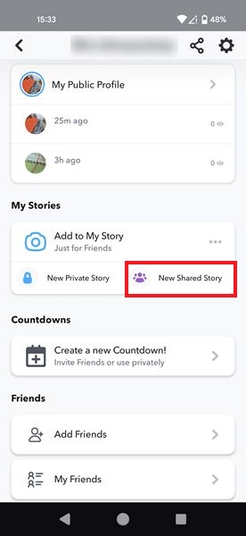 "New Shared Story" option visible in Snapchat app on account page.