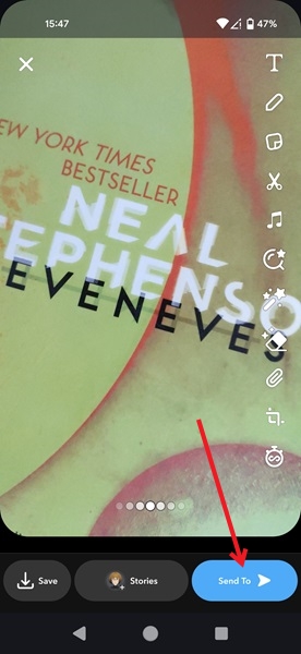 Sending new Spotlight to be shared with public users in Snapchat app.