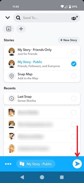 Pressing Send button to send Spotlight to public viewing in Snapchat app.