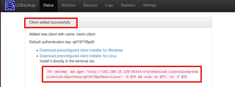 Successful creation of Linux Client along with its configuration information beneath it 