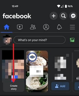 Tapping on "Create story" button in Facebook app.