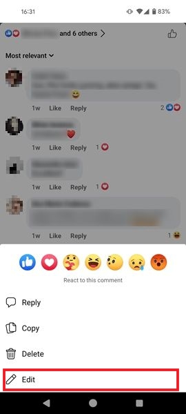 Editing a comment in the Facebook mobile app.