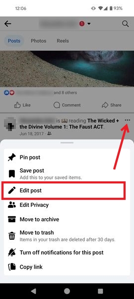 Tapping on "Edit post" option in Facebook app. 