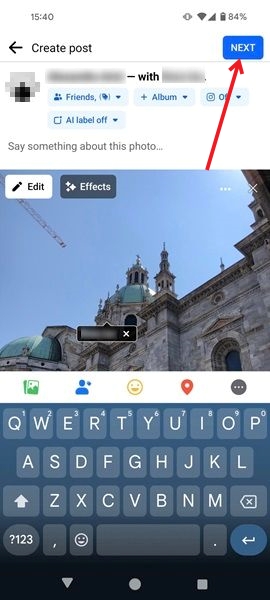 Pressing on Next button in Create post screen in Facebook app. 