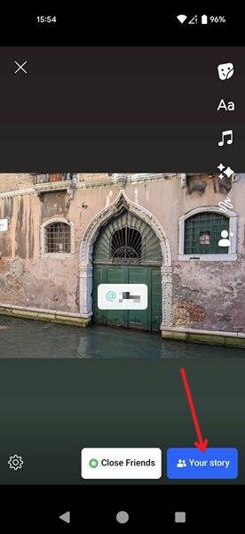 Tapping on "Your story" button to post tagged story in Facebook app.