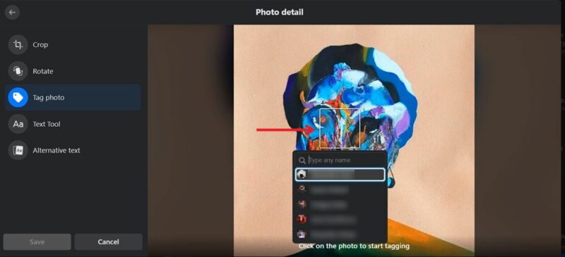 Clicking on a spot on the photo you want to tag in Facebook on PC..