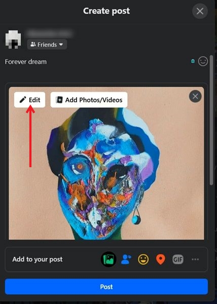 Pressing on Edit button in Facebook on PC.