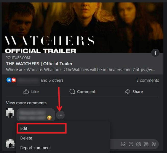 Editing a comment in Facebook on PC.