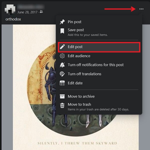 Clicking on "Edit post" option in Facebook on PC.