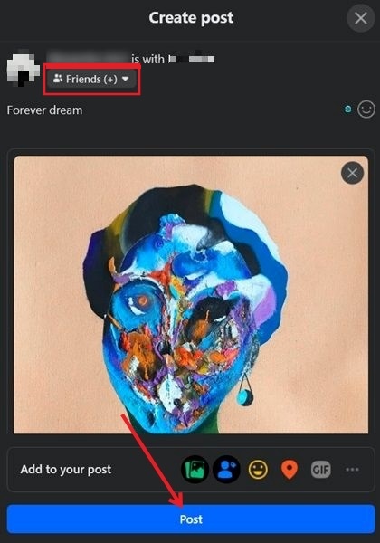 Pressing "Post" button in Create post screen in Facebook on PC.