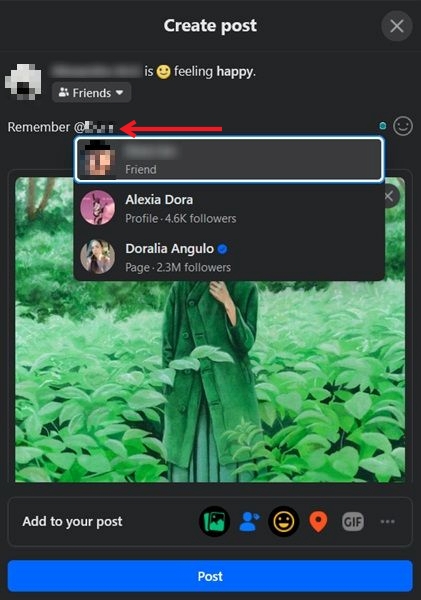 Mentioning someone in the text of a post in Facebook on PC.
