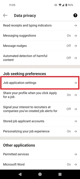 Tapping on "Job application settings" option to upload CV to LinkedIn on mobile. 