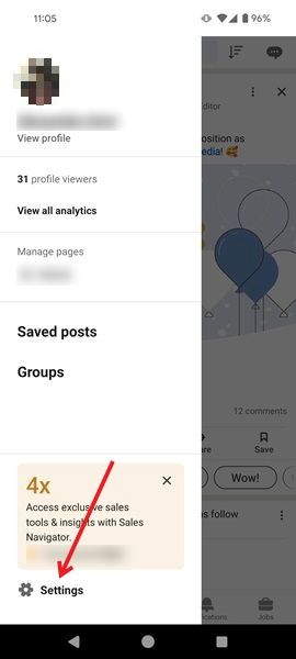 Selecting Settings option in LinkedIn app for Android.