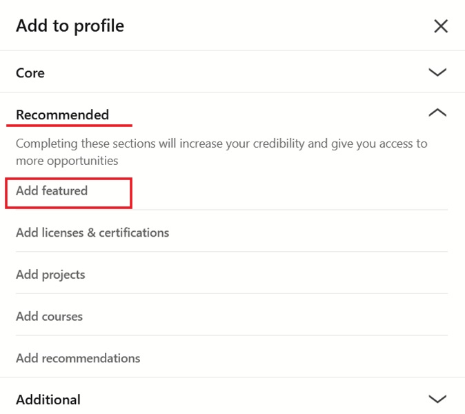 Selecting "Add feature" option under Recommended in LinkedIn on PC.