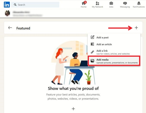 Adding media to Featured section in LinkedIn on PC.